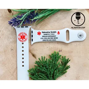 Diabetic Type 1 Medical Alert Bracelet for Apple Watch - Customizable Silicone Band with Permanent Paint for Allergy & Emergency Contact Details