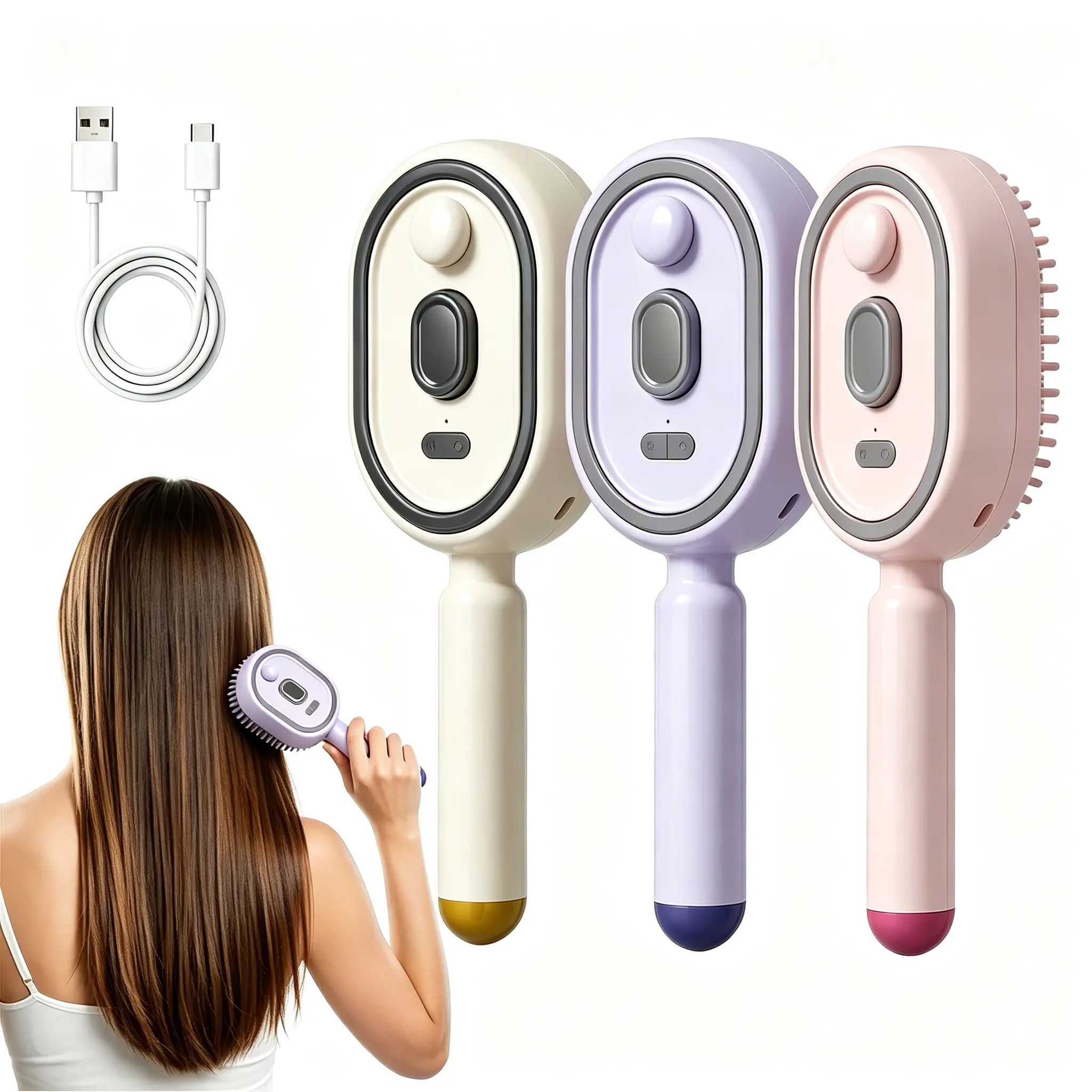 Women's Electric Warm Massage Comb - Beauty Products, Self-Clean Retractable Air Cushion Detangler, Anti-Static Volumizing Aromatherapy Scalp Massager, Portable Rechargeable Travel Hair Care Gadget for Frizzy Curly Hair