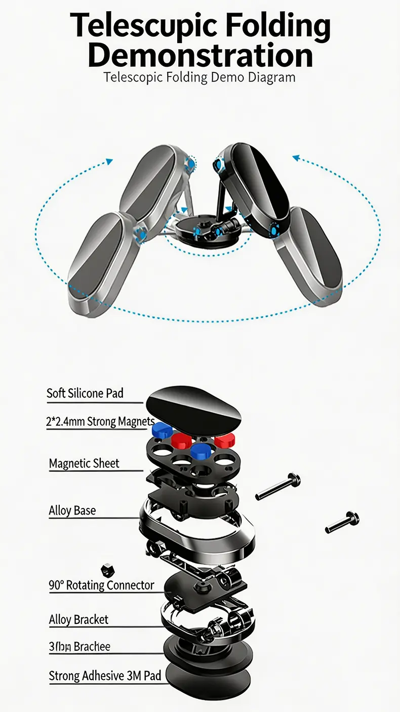 Foldable Metal Magnetic Car Cell Phone Holder - 360° Rotating Dashboard Mount, Adjustable Angle & Height, Strong Hold, Compact Universal Hands-Free Stand, Magnetic Mobile Mount, Car Interior Accessories, Vehicle Accessory
