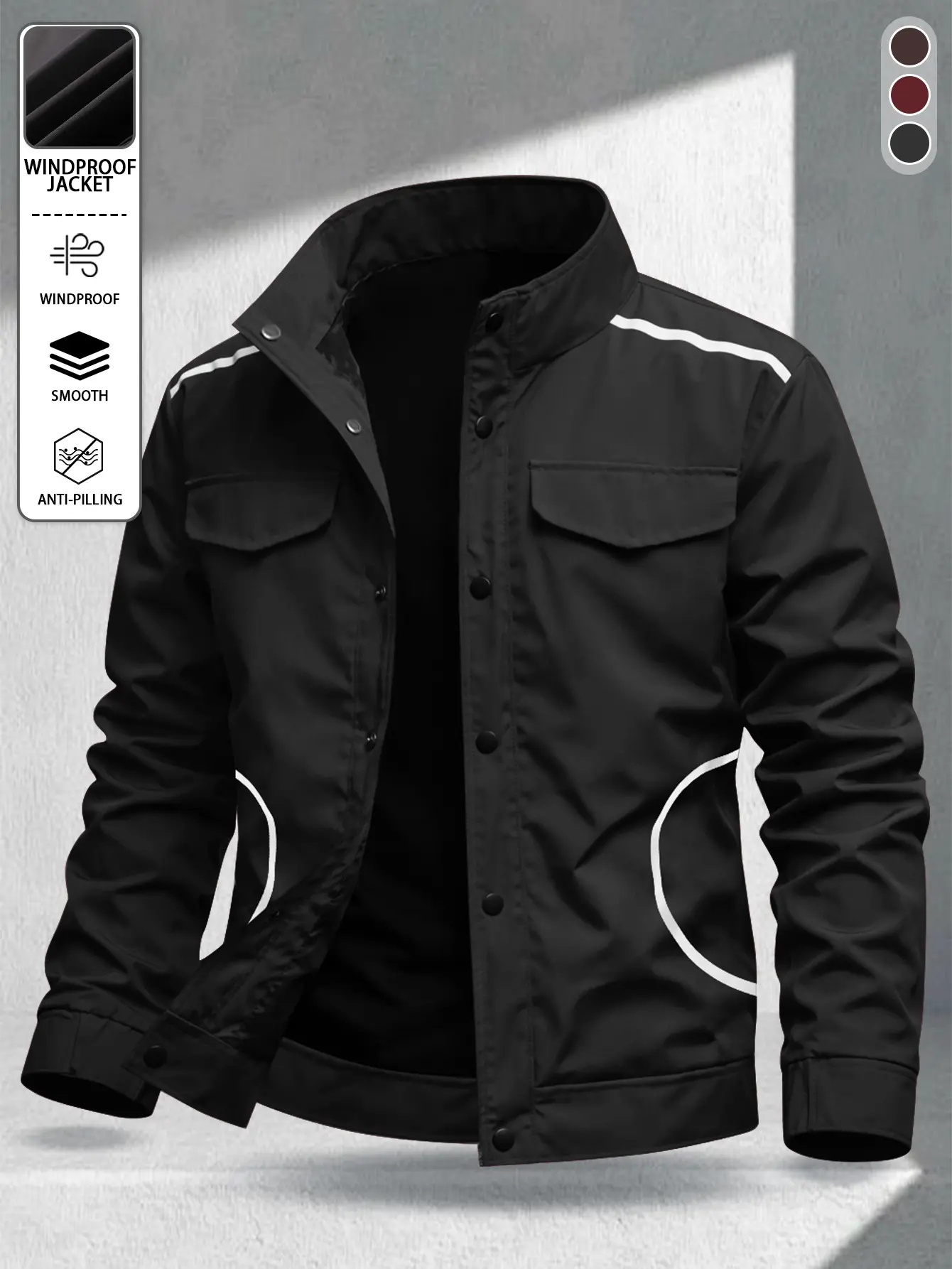 Men’s black stand-collar functional workwear jacket with white curved line detailing, dual chest patch pockets, snap-button closure, woven fabric—ideal for urban commuting, outdoor activities, and casual wear; long sleeves.