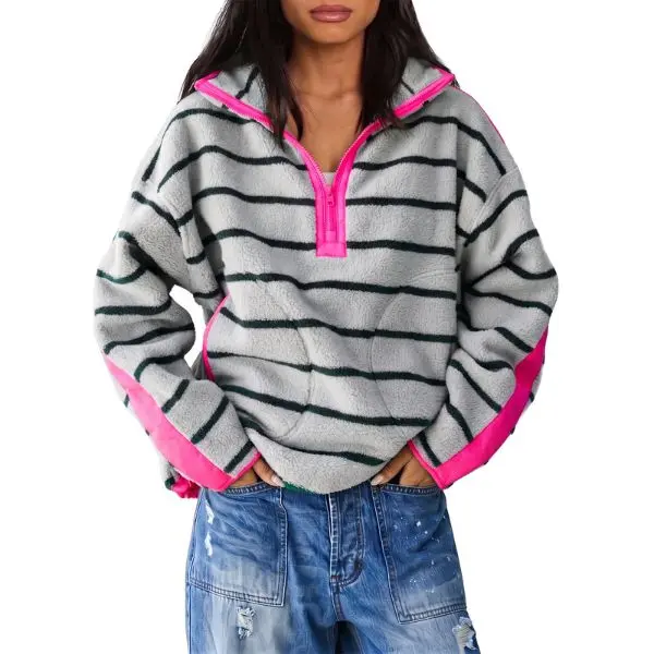 Fisoew Women's Light Baggy Horizontal Striped Half-Zip Fleece Sweatshirt Oversized Collar, Long Sleeve, Contrast Color-Block Cuff, Kangaroo Pocket, Zipper-Accent Casual Pullover Top (Stylish Fit), Style, Street Style, Matching, Colorful
