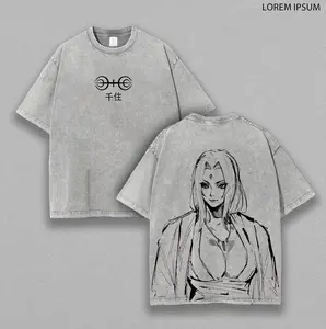 Tsunade Senju - Naruto Anime Double Printed Vintage Washed Tee Unisex Oversize Anime Manga Washed Heavyweight Cotton T-shirt, Gift For Anime Fan, Anime Lover