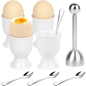 9 Pcs Egg Cups and Egg Cracker Set, Egg Cracker Set for Soft Hard Boiled Eggs, Egg Cracker Topper Kits 1 Stainless Steel Egg Topper Cutters 4 Stainless Steel Spoons 4 Ceramic Egg Cup
