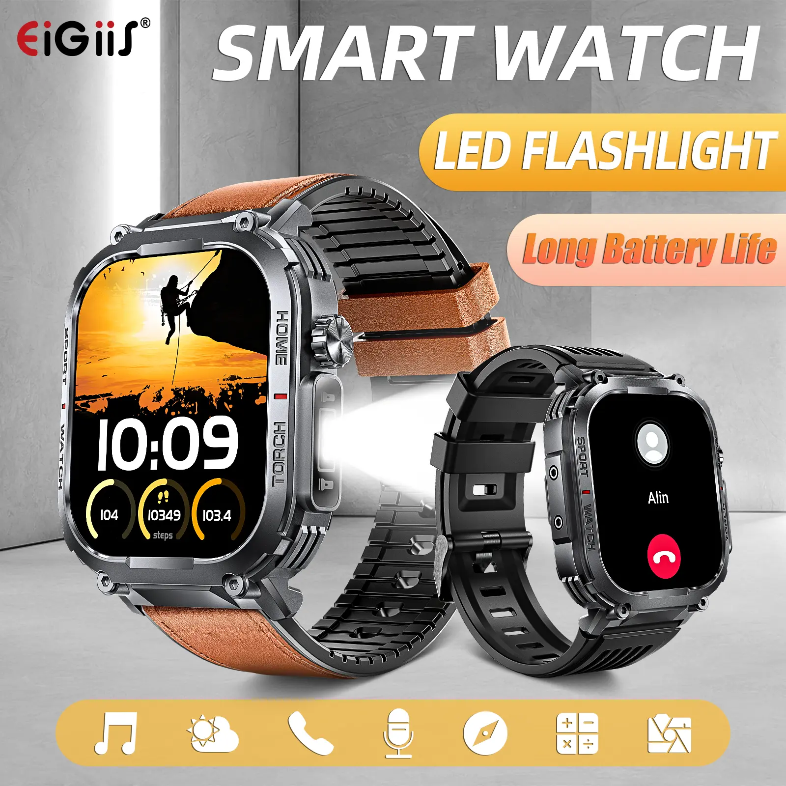EIGIIS Rugged Smart Watch with LED Flashlight & Compass for Men, 2.02'' HD Screen 3ATM Waterproof Tactical Outdoor Sport Watch (Answer/Make Calls), Long Battery Fitness Tracker Smartwatch Gift for iOS Android