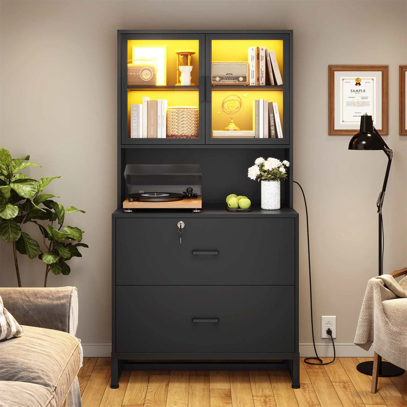 SIKAIC 2 Drawer File Cabinet with Charging Station, Lockable Office Storage Cabinet with Shelves for Home Office
