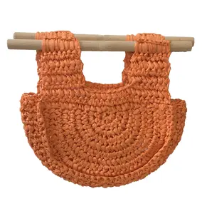 Fashion Culture Women's Casual Half-Moon Clutch, Millie Crochet Raffia with Wooden Handle, Tangerine Orange for Beach Trips