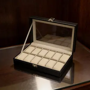 Luxury Watch Box Storage Display Case with Glass Lid and Lockable Faux Leather, Suitable for Men and Women, Jewelry Collection Gift Box