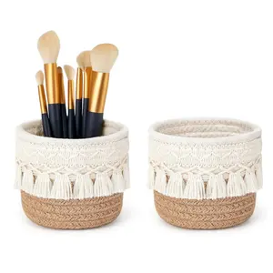 2Pcs Makeup Brush Holder Organizer Macrame Mini Makeup Containers Boho Decor Storage Baskets for Comb Brushes Pen Pencil Box (White/Brown) - Home Improvement.