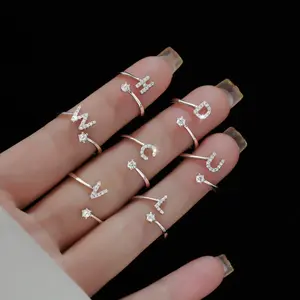 RING4U - Fashion 925 Sterling Silver 26 Letter Ring Sparkling Diamond Zircon Open Ring Index Finger Your Name Ring Birthday Party Jewelry