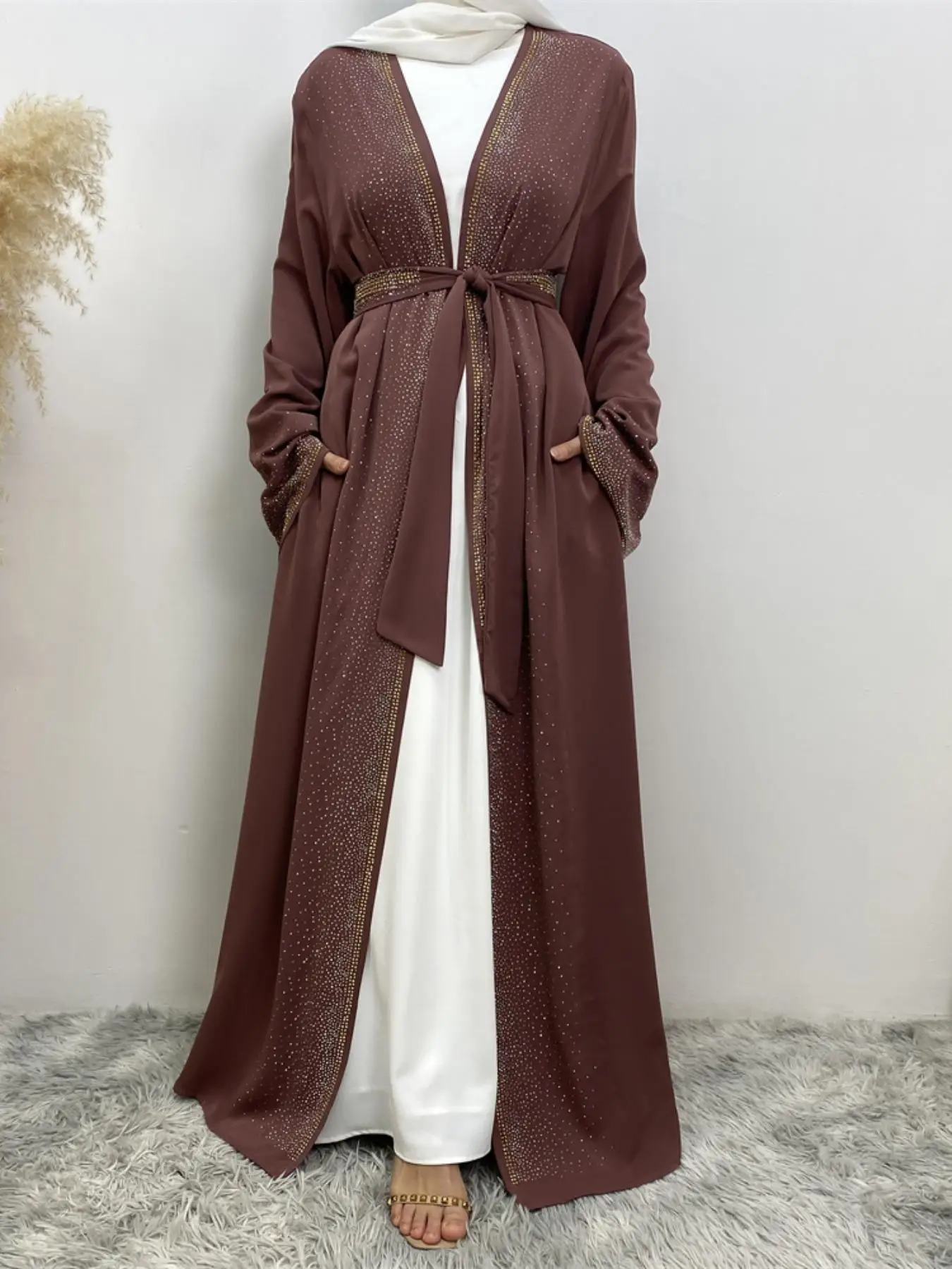 Women's Rhinestone Decor Belted Abaya, Modest Long Sleeve Open Front Abaya for Women, Women's Islamic Clothing for Daily Wear