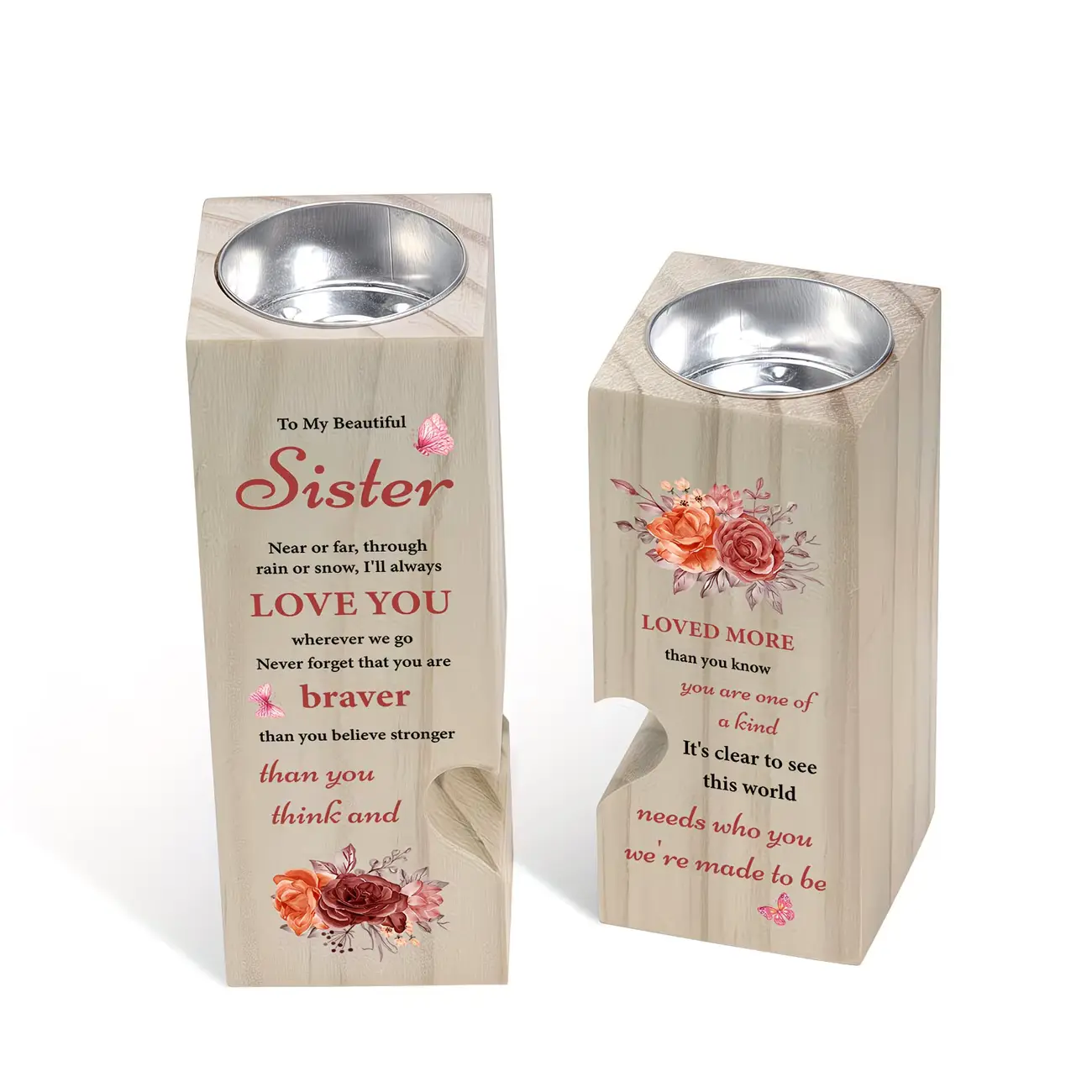 2 Pieces Heart Cutout Wooden Tealight Candle Holders for Sister, FloralPrinted Wooden Candle Decor Gift for Sister Birthday Christmas