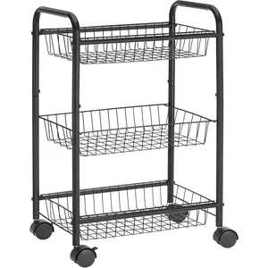 3-Tier Metal Rolling Cart  Wheels with Baskets, Lockable Utility Trolley with Handles for Kitchen Bathroom Closet, Storage with Removable Shelves, Black UBSC03BK