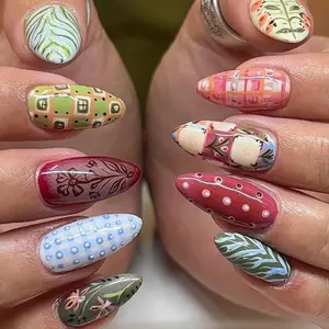 24 Pcs Almond Shape Nail Stickers, Polka Dot Flower Print, Short Style, Fall Winter Outdoor, Includes Jelly Glue, Perfect for Girls and Women