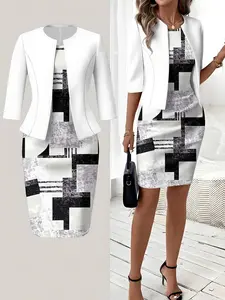 Women's Spring Summer Fall Knit Cardigan Top, Slim Waist Print Design, Classic Straight Dress Set Outfit, Elegant Wedding Guest