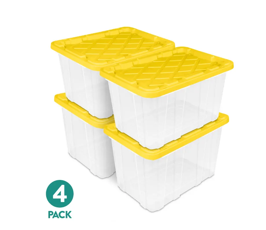 Sterilite 27 Gal Large Clear Plastic Industrial Storage Bin with Snap-Fit Lid, Yellow, 4 Pack