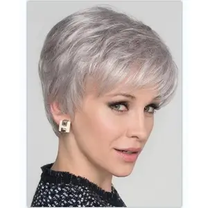 Short Grey Wigs for White Women Natural Straight Silver White Layered Hair for Older Women Pixie Cut Wigs Synthetic Short Ombre Gray Wig with Bangs Daily Party Wig for Mommy (Grey)