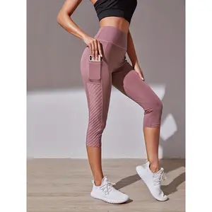 Wide Waistband Tummy Control Hip Lifting Sports Capri Pants, High Waist Stitching Mesh Capri Leggings, Women's Activewear