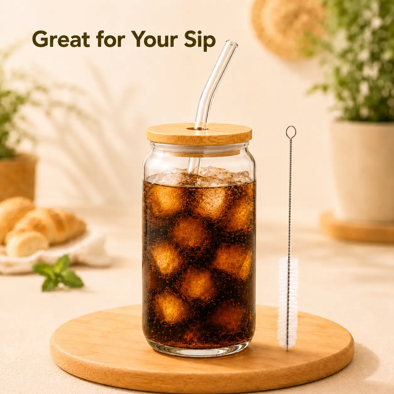 MIUVA 16 oz Glass Cup with Bamboo Lid and Glass Straw, Perfect Birthday Gift Idea, Reusable Borosilicate Glass Tumbler with Cleaning Brush for Iced Coffee, Tea, Soda, Juice, Smoothies & Cocktails Stylish Drinkware