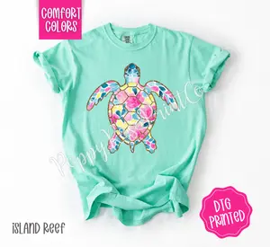 Preppy Floral Turtle Comfort Colors Shirt, Cute Summer Tshirt, Trendy Women's Tee, Gift for Her