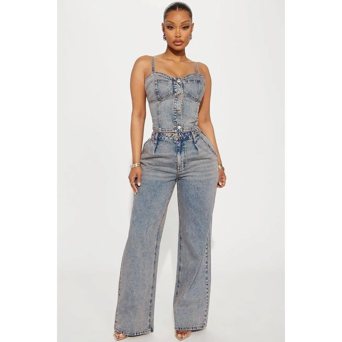 Cassie Denim Pant Set-Vintage Wash