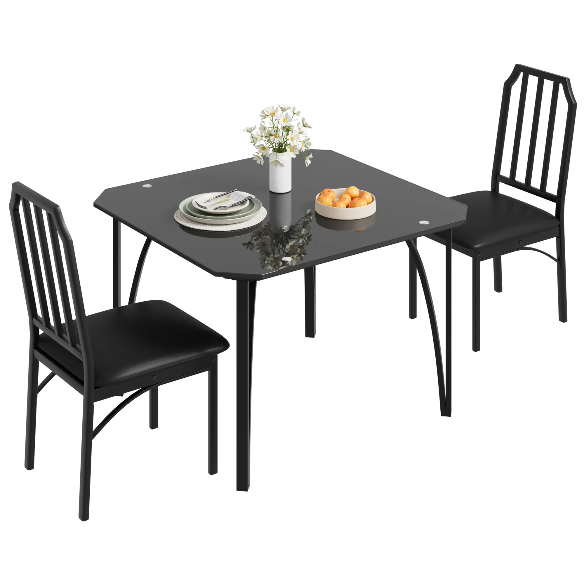 Modern Black Glass Dining Table Set – Space-Saving Kitchen & Dining Room Furniture – Upholstered PU Chairs for Comfort – Compact Design for Small Spaces – Ideal for Apartment or Breakfast Nook