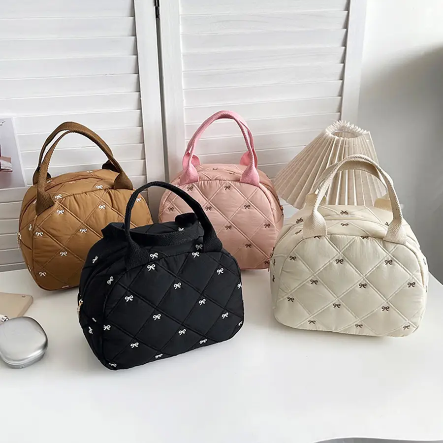 Stitching Embroidery Butterfly Knot Handbag Korean Style Soft Cotton Commuter Lunch Box Bag Student Handheld Bag Pouch