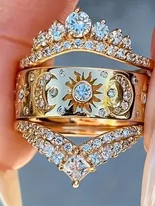 Elegant Copper Jewelry Statement Rings Set, Symbolic Sun Moon Design, Luxury Style for Men & Women, All Season Wear, Unique Gift Idea