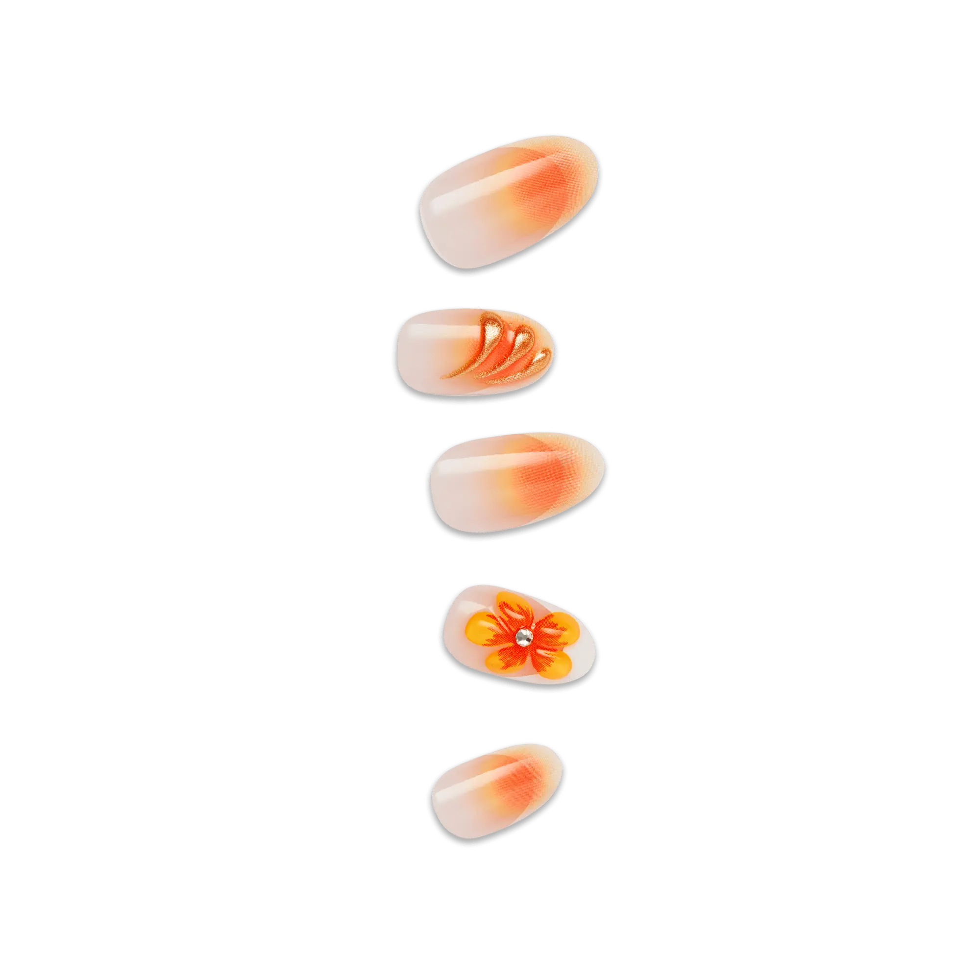 Impress Design No Glue Fake Press On Nails - Sea Bloom | 3D & Jewel Design, Orange, Medium, Oval, Manicure