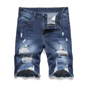 Men's Solid Color Distressed Frayed Hem Pocket Denim Shorts, Summer, Emo Style