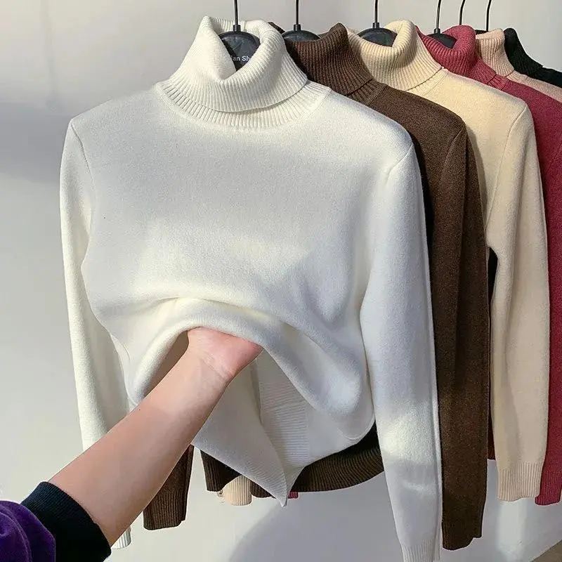 Turtleneck Winter Sweater Women Elegant Thicken Velvet Lined Warm Sueter Knitted Pullover Slim Tops Jersey Knitwear Jumper New Basic Half Turtleneck