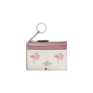COACH Skinny ID Case with Flamingo Print, Zipper Closure, Coated Canvas and Leather, Card Wallet for Women in Light Pink
