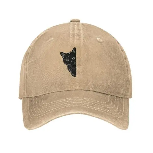 Solid Washed Cotton Dad Hat With Minimal Black Cat Print Graphic, Unstructured Low Profile Unisex Baseball Cap, Adjustable Strap, Wrinkle & Wear Resistant, Fashion Accessories For Men And Women