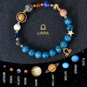 Lucky Libra 12 Zodiac Blue Stone Bracelet 8mm Natural Stone Eight Planet Beaded Fashion Bracelet