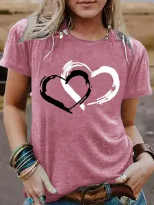 Heart Print Round Neck T-Shirt, Casual Vacation Women's Short Sleeve Top, Daily Comfort, Elegant Design, Soft Fabric Tee