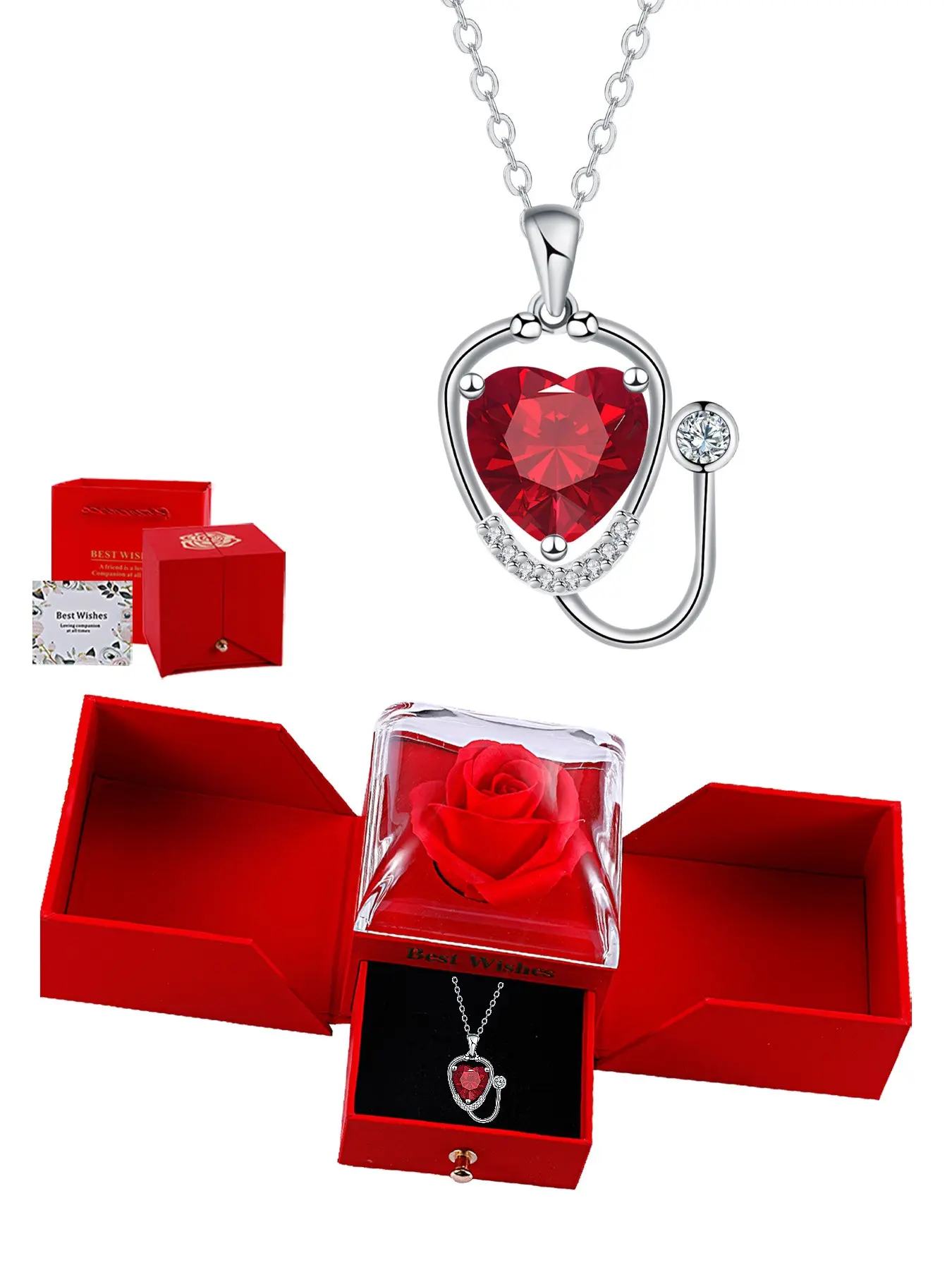 Doctor Stethoscope Pendant Necklace, Unique Ruby Stethoscope Necklace & Rose Gift Box, Holiday Christmas Gift for Wife Mom Girlfriend