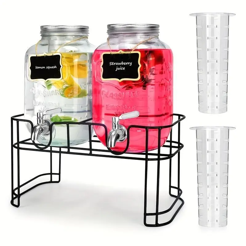 2pcs, 1-gallon Glass Beverage Dispenser Set, with Stand And Stainless Steel Spigot, Leak-proof. Lemonade Dispenser with Ice Tube, Ideal for Kitchen, Camping, Parties, Halloween, And Christmas.