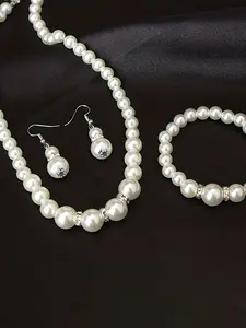 Elegant Women's Jewelry Set with Rhinestones & Faux Pearls, Necklace Bracelet Earrings Trio, Fashion Accessories for All Occasions