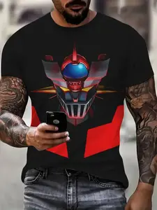 Men's Robot Creative 3D Printed Graphic Fitted Knit Short Sleeve T-Shirt, Casual Streetwear Round Neck Top, Comfortable Multi-Functional Tee for Spring Summer