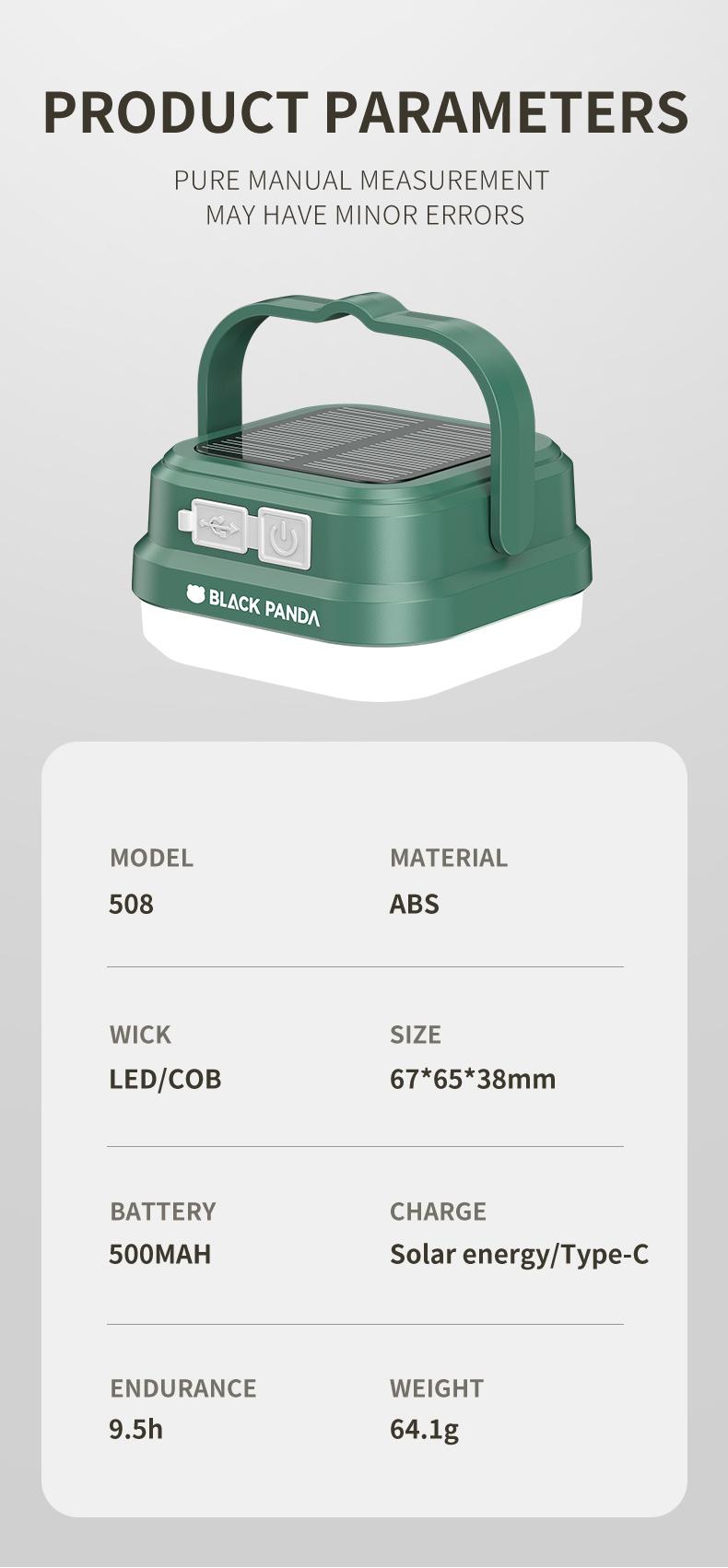 Black Panda-Portable Solar Light Super Convenient Dual Charging! TYPE-C Fast Charge + Solar Panel, High Lumen, Waterproof & Durable, Easy to Carry