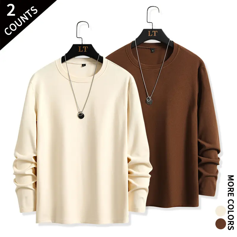 2‑Pack Men Crew Neck Long Sleeve T‑Shirts Solid Color Basic Pullover Tops Fall Winter Layering For Daily Office Street Home Wear