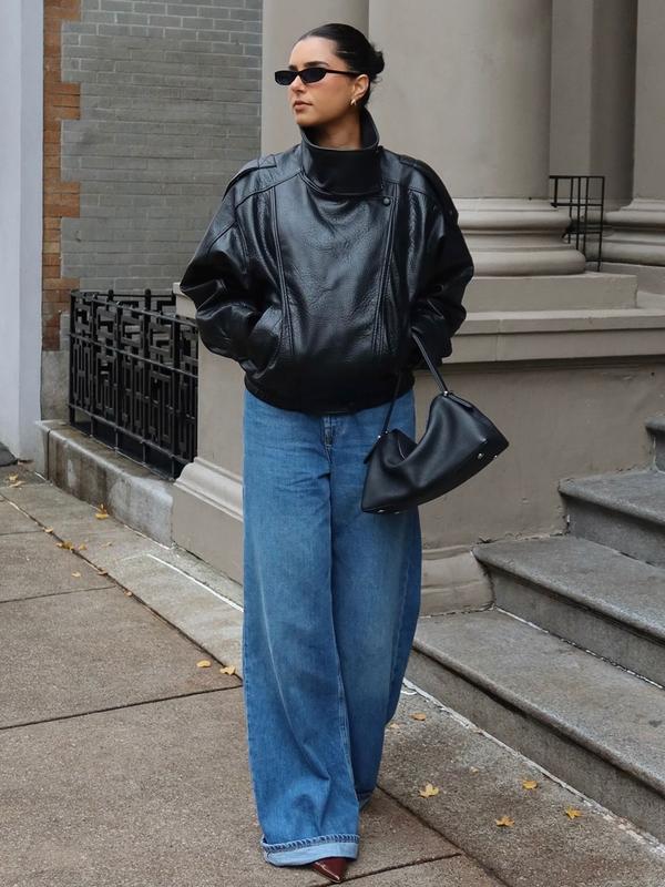 Women's Stand Collar Faux Leather Jacket, Streetwear Casual Long Sleeve Outerwear for Spring & Fall & Winter, Ladies' Waterproof & Windproof Clothes for Daily Wear, Oversized Jacket for Women