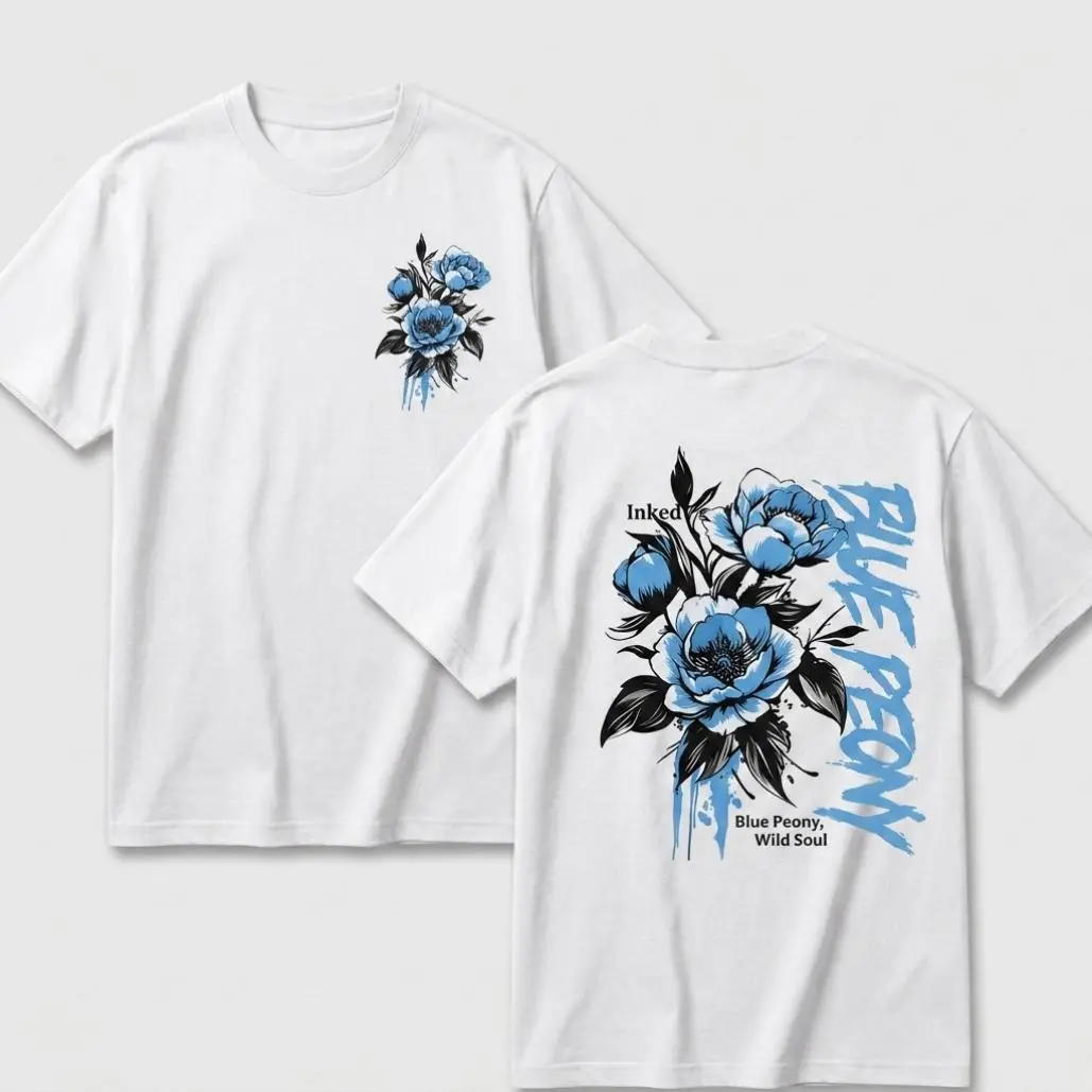 [Men's T-Shirt] New Men's T-Shirt, American Street Style Blue Peony Print T-Shirt