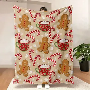 Cute Winter Gingerbread Throw Blanket Soft Warm Candy Cane Lightweight Flannel Plush Fuzzy Blankets Gift For Couch Bed Living Room Travel Office Christmas