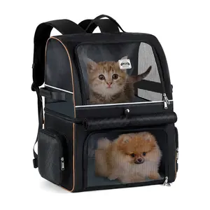 Lekebobor Animal Carrier Backpack for Cats and Dogs with Leashes - Double Compartment, Easy Entry, Mesh Windows, Fits 2 Small Cats or 1 Medium Pet Up to 24 Lbs
