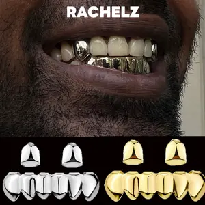 RACHELZ Gold Silver Color DIY 2/6 Top Bottom Glossy Teeth Grillz Hip Hip Tooth Caps For Women Men Jewelry Halloween Gift