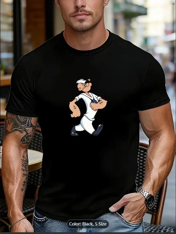Men's Vintage Popeye T-Shirt - Oversized Retro Sailor Suitable for Training, & Casual Wear | Classic Popeye Print Short-Sleeve Top | Machine Washable Summer Streetwear Tee with Iconic Cartoon | Nostalgic Animation Round Neck