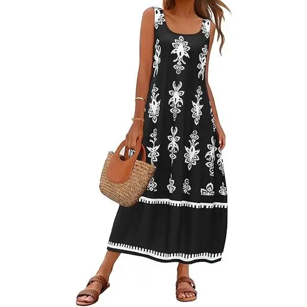 MEROKEETY Women's Boho Maxi Sundress 2025 Summer Beach Dress Scoop Neck Sleeveless Loose Tank Dress