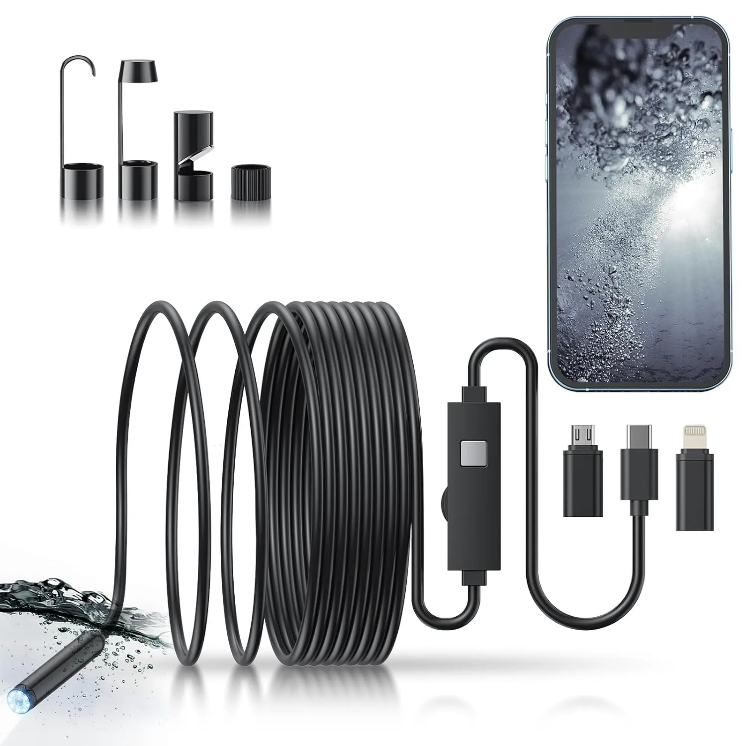 Automotive Diagnostic Endoscope Camera - Electronic Repair Tool with 8 Adjustable LED Lights, Waterproof Borescope Compatible with iOS and Android