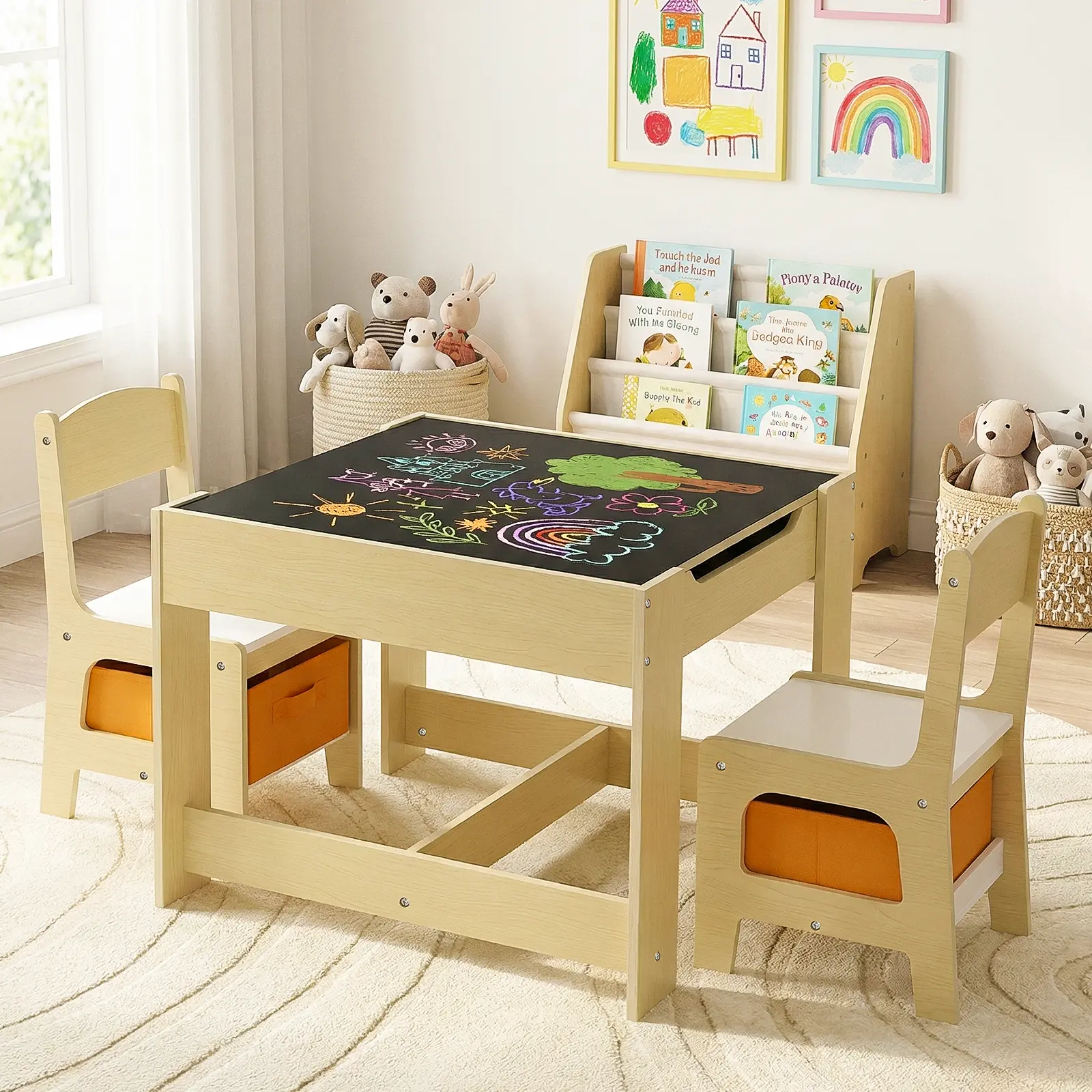 MAMIZO Kids Wooden 4-in-1 Furniture Set - Table & 2 Chairs, Large Storage, Blackboard, Detachable Tabletop for Toddlers’ Art Crafts, Playroom【tiktokshopsummersale】