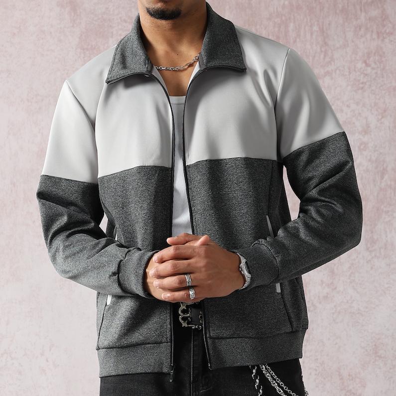 Men’s Lightweight Casual Collared Patchwork Jacket - Collegiate Style, Gray-White Contrast, Long Sleeve, Breathable Fabric, Zip-Up Closure, Side Pockets, Ultra-Versatile Fit